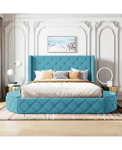 Streamdale Furniture Queen Velvet Upholstered Platform Bed with Storage and Wingback Headboard