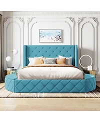 Streamdale Furniture Queen Velvet Upholstered Platform Bed with Storage and Wingback Headboard