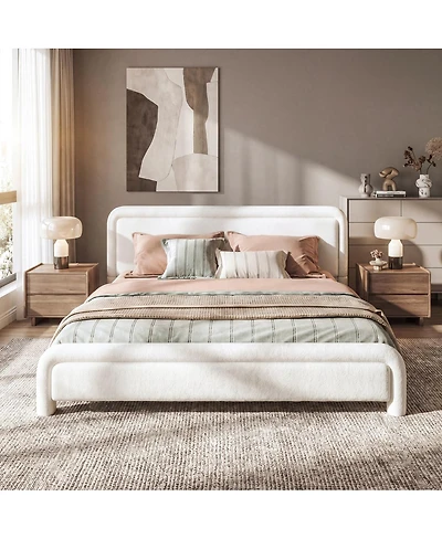 Streamdale Furniture King Size Upholstered Boucle Platform Bed with Curved Headboard
