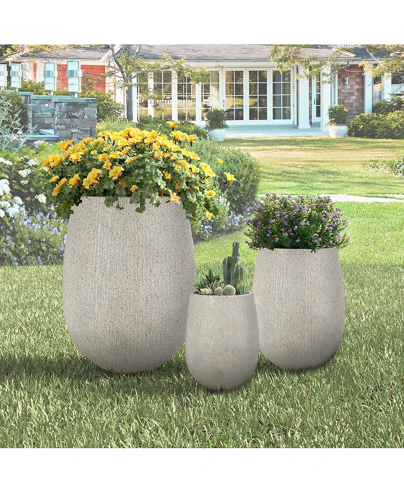 Streamdale Furniture Egg-Shaped Mgo Outdoor Planter Set of 3 Stone-Look Pots with Drainage