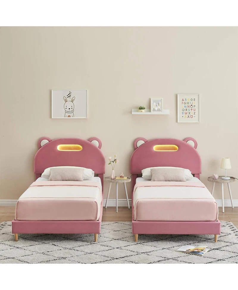 gaomon Twin Bed Frame with Led Lights and Headboard, Upholstered Platform, 2 Pack