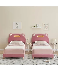 gaomon Twin Bed Frame with Led Lights and Headboard, Upholstered Platform, 2 Pack