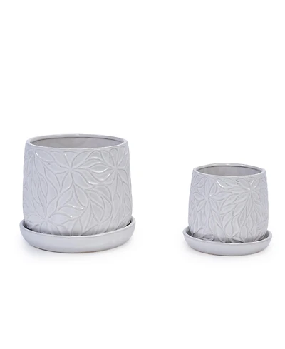 Clihome Leaf Pattern Design Handmade Glossy Ceramic Planter Set of 2