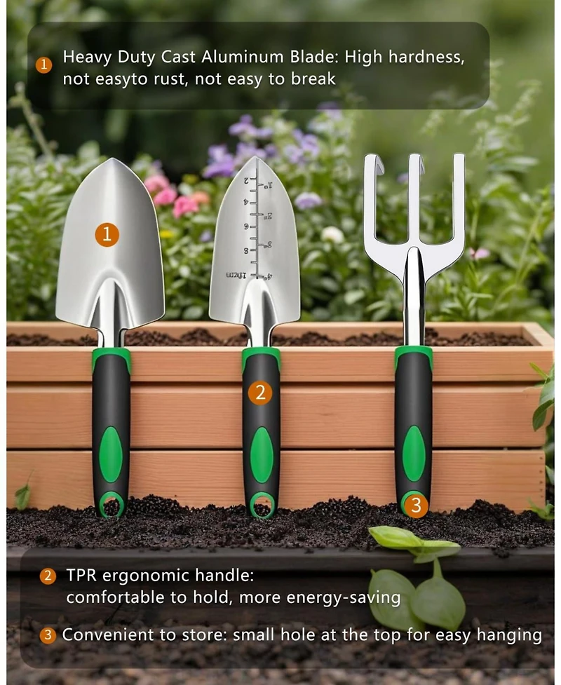 Xdovet Garden Tool Set Cast Aluminum Trowel Rake Cultivator Rubber Handle