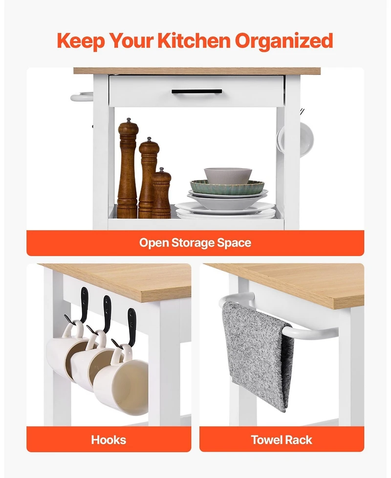 Volenca 18x23" Kitchen Island Cart with Single Door Cabinet, Drawer, Towel Rack, Hooks, Swivel Wheels