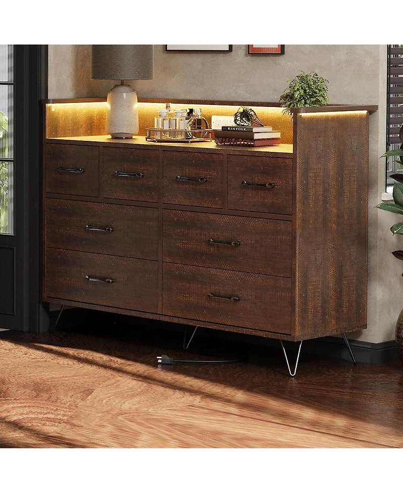 homfan 8 Drawer Dresser with Charging Station and Rgb Lights, Wide Bedroom Storage Chest for Makeup Vanity, Gaming Setup, and Living Room
