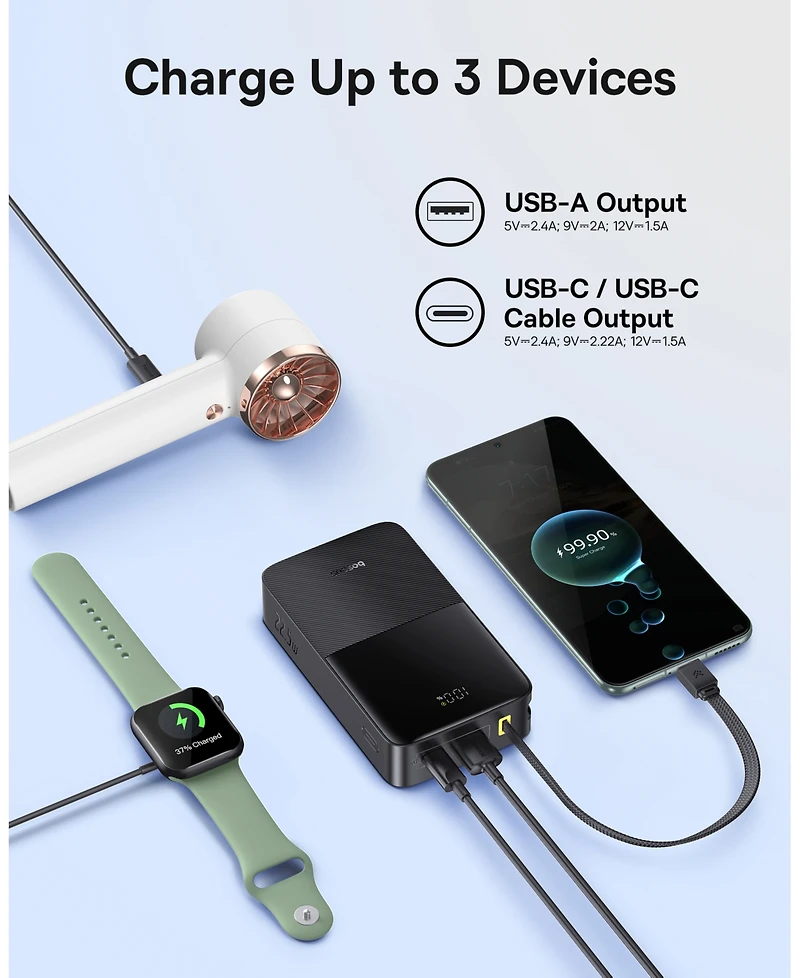 Baseus Portable Charger, 22.5W Pd Fast Charging 10000mAh Power Bank, Built-in Braided Usb C Cable Battery Pack, Travel Essentials Portable Phone Charg