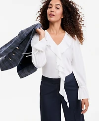 Tahari Asl Women's V-Neck Long-Sleeve Ruffle Blouse