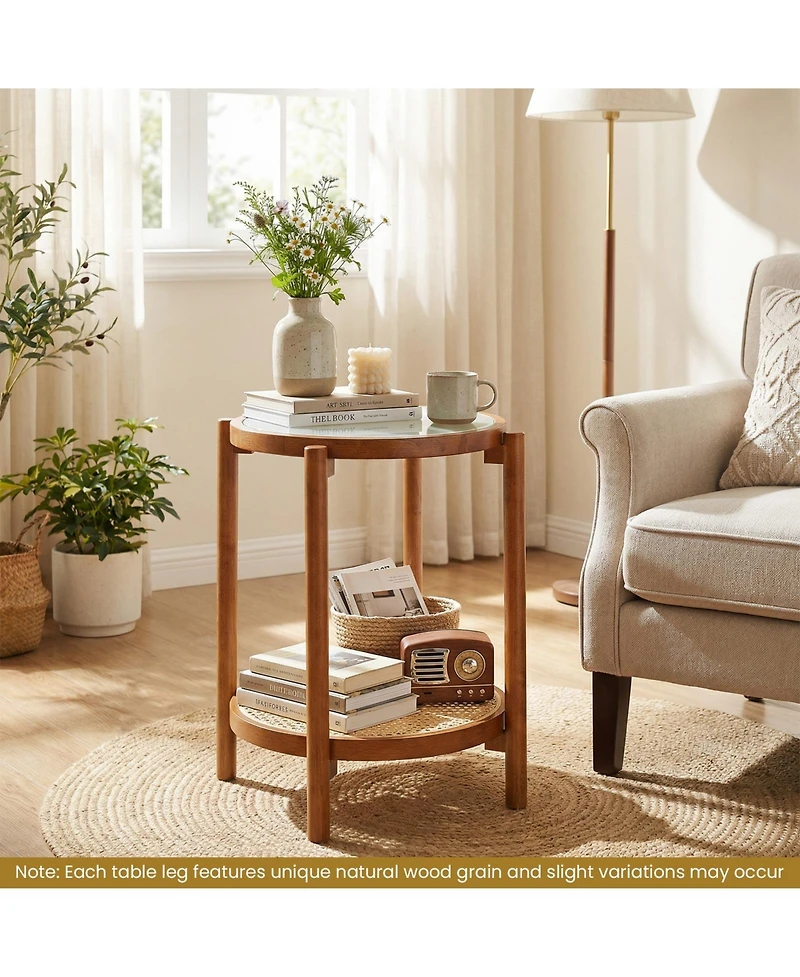 Gymax 2-Tier Round Side Table w/Tempered Glass Top Storage Shelf Acacia Wood Legs