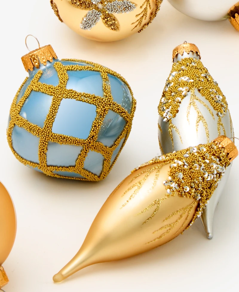Holiday Lane Opulence Glass Gold-Tone, Silver-Tone & Blue Mixed Ornaments, Set of 12, Macy's Exclusive
