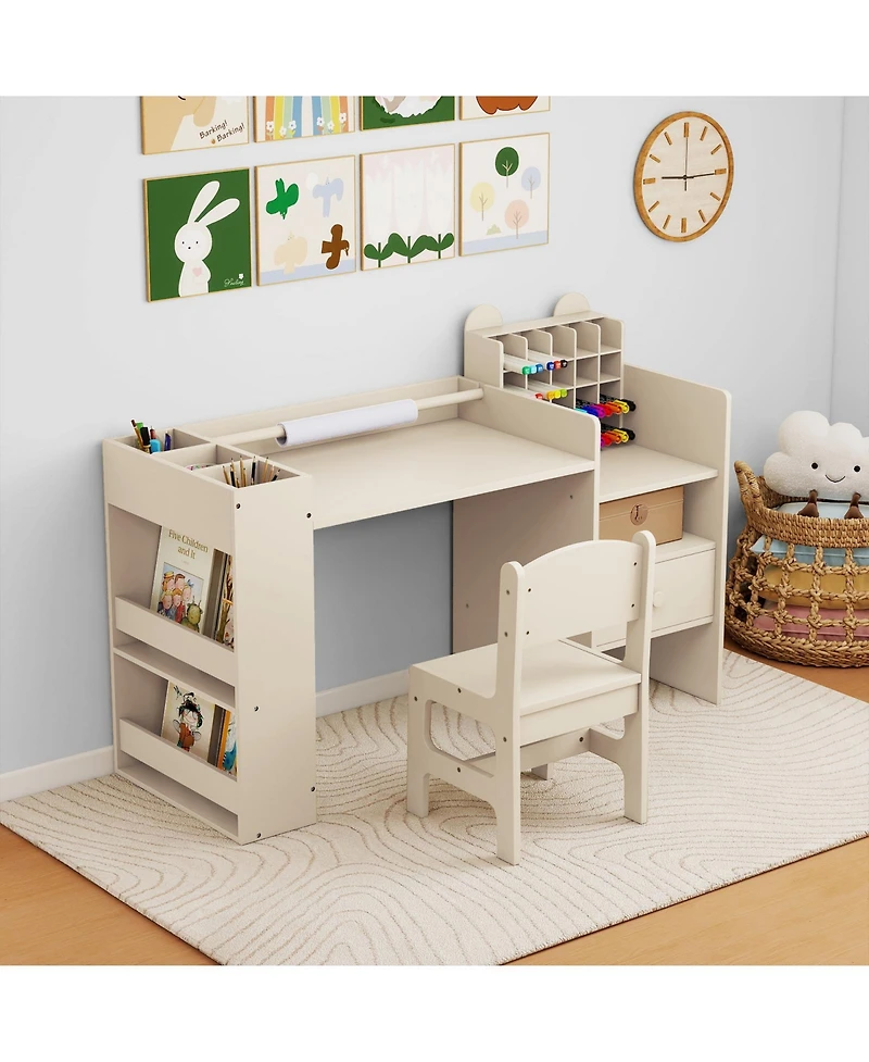 Slickblue Kids Art Table And Chair Set with Paper Roll Holder Cabinet