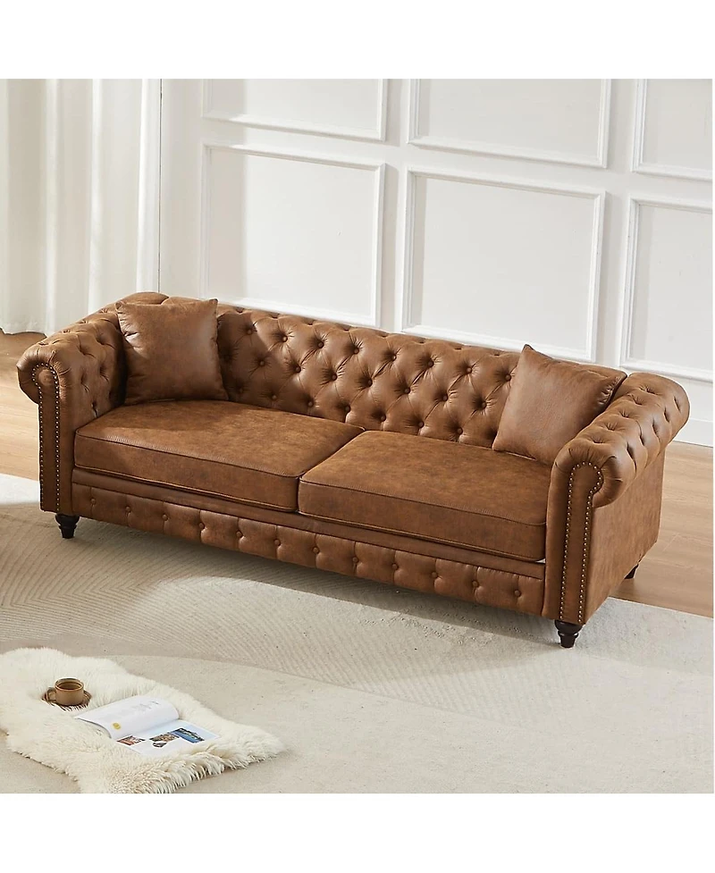 Maison Boucle 85.5'' Wide Chesterfield Sofa, Polyester 3 Seater Couch, 2 Pillows