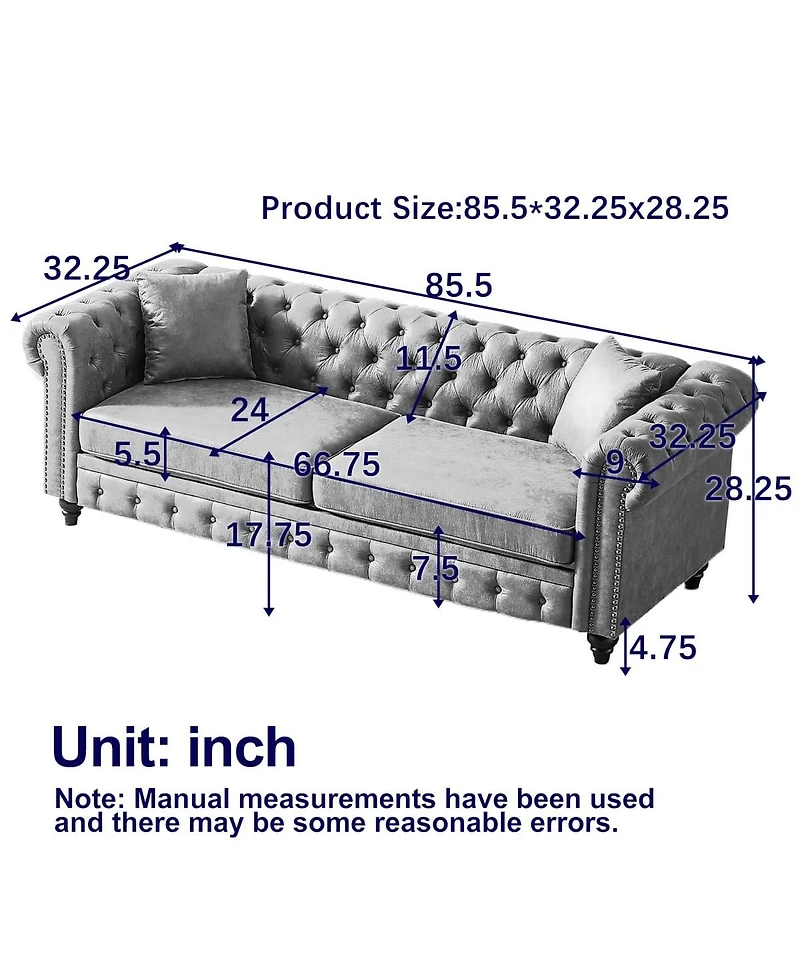Maison Boucle 85.5'' Wide Chesterfield Sofa, Polyester 3 Seater Couch, 2 Pillows