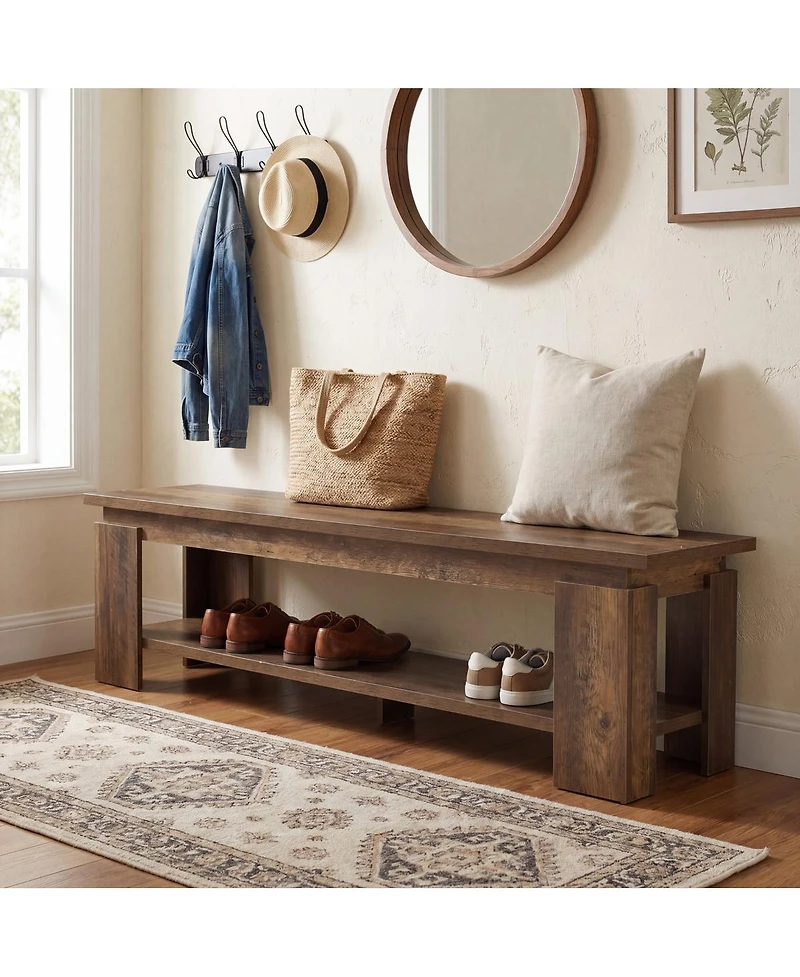 Tribesigns 63 Inch Entryway Bench With Storage Shelf, Farmhouse Wooden Shoe Bench For Hallway, Mudroom, Bedroom