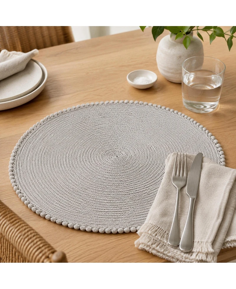 Dainty Home Pom Pom 15" Round Woven Placemats Set of 6 - Durable, Reversible and Non-Slip Table Mats