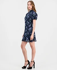 Lulus Juniors' Floral-Print Puff-Sleeve A-Line Lark Tie Back Mini Dress