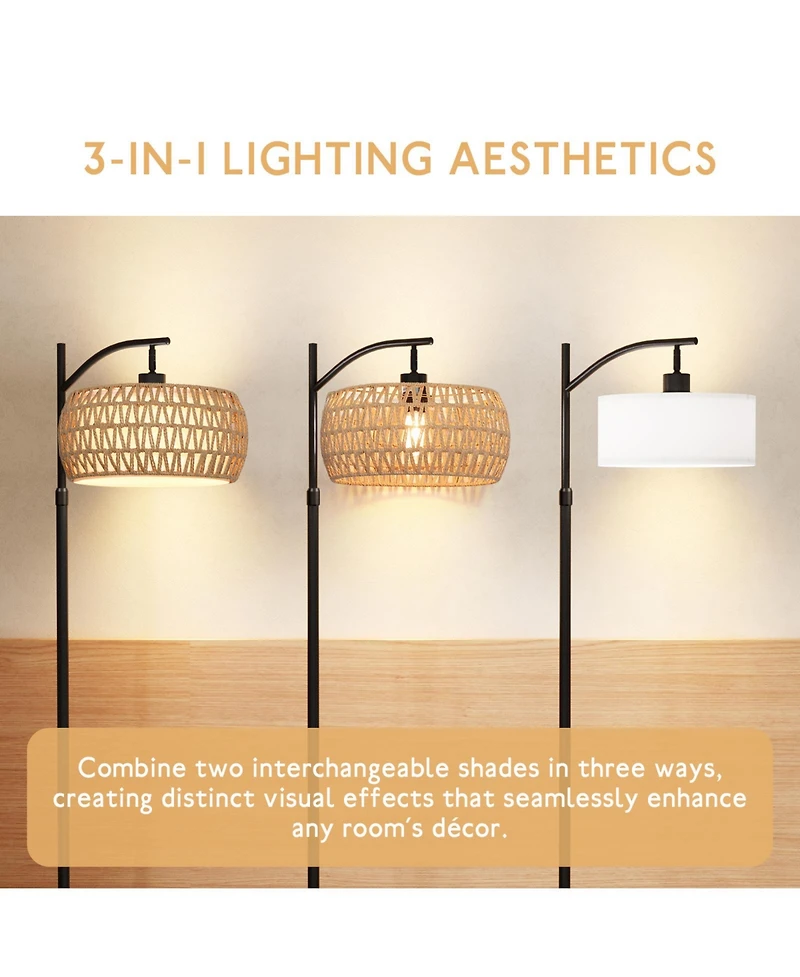 Sugift Dimmable Boho Floor Lamp with Rattan & Linen Drum Shade – Remote & Footswitch Control