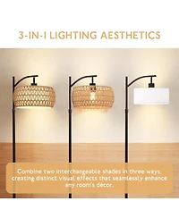 Sugift Dimmable Boho Floor Lamp with Rattan & Linen Drum Shade – Remote & Footswitch Control