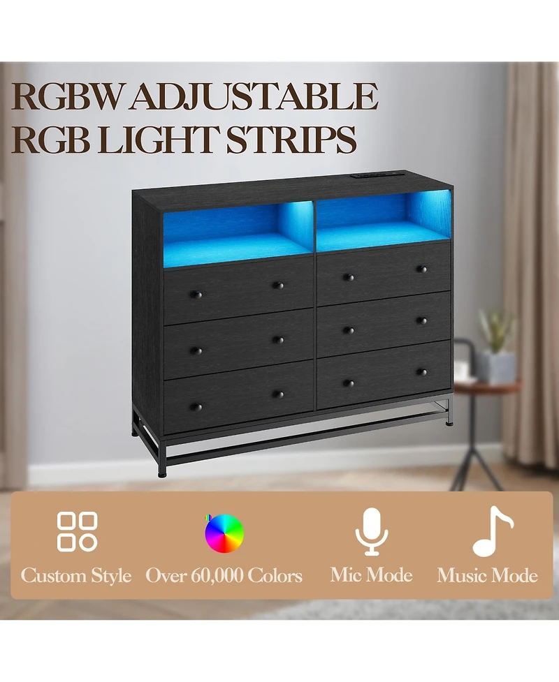 homfan 6-Drawer Storage Dresser with App Control Led Lights, Multi-Port Charging Station, Waterproof Engineered Wood Chest Easy Assembly