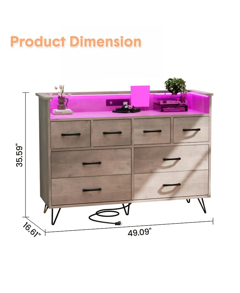 homfan 8-Drawer Dresser with Built-In Charging Station and Led Lights, Sturdy Engineered Wood Storage Organizer Metal Legs, Easy Assembly
