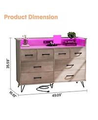 homfan 8-Drawer Dresser with Built-In Charging Station and Led Lights, Sturdy Engineered Wood Storage Organizer Metal Legs, Easy Assembly