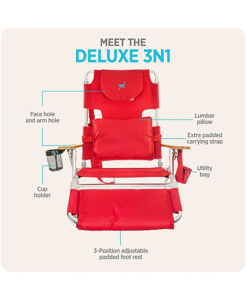 Ostrich The Deluxe 3N1 Lightweight Outdoor Beach Lounge Chair w/ Footrest, Red