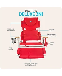 Ostrich The Deluxe 3N1 Lightweight Outdoor Beach Lounge Chair w/ Footrest, Red