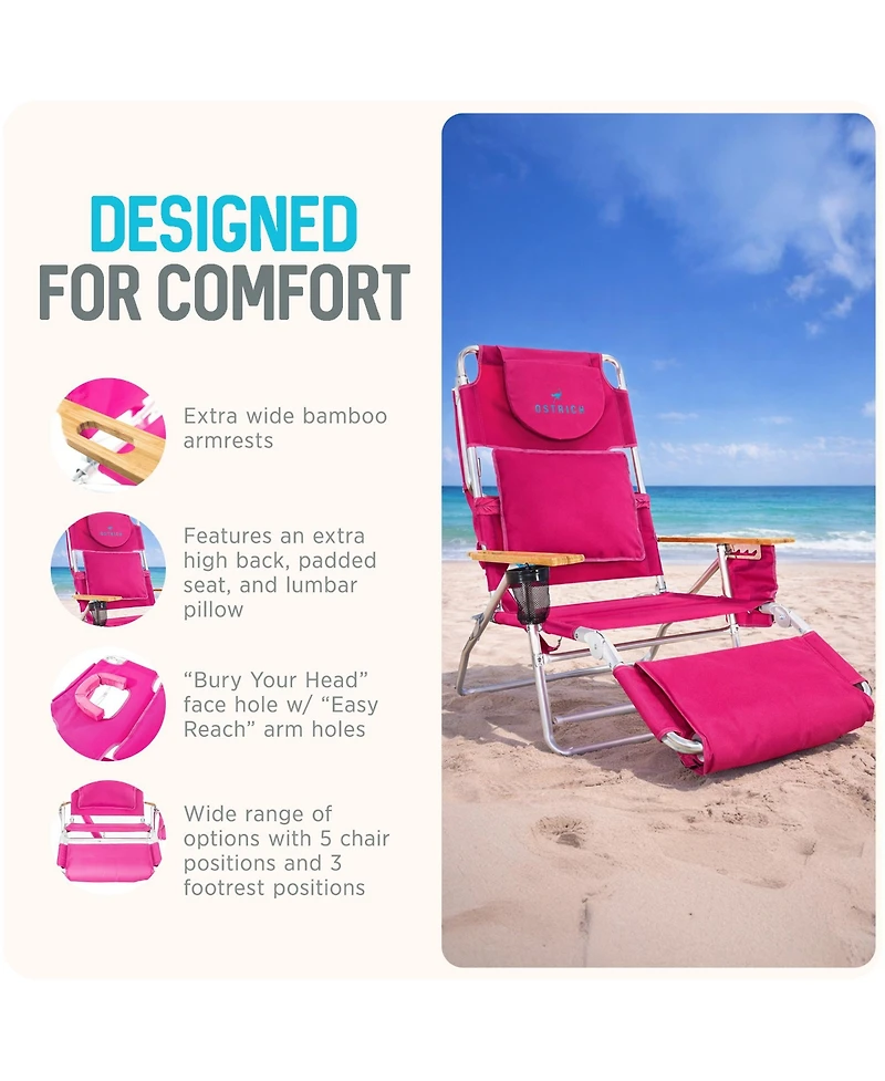 Ostrich The Deluxe 3N1 Lightweight Outdoor Beach Lounge Chair w/ Footrest, Pink