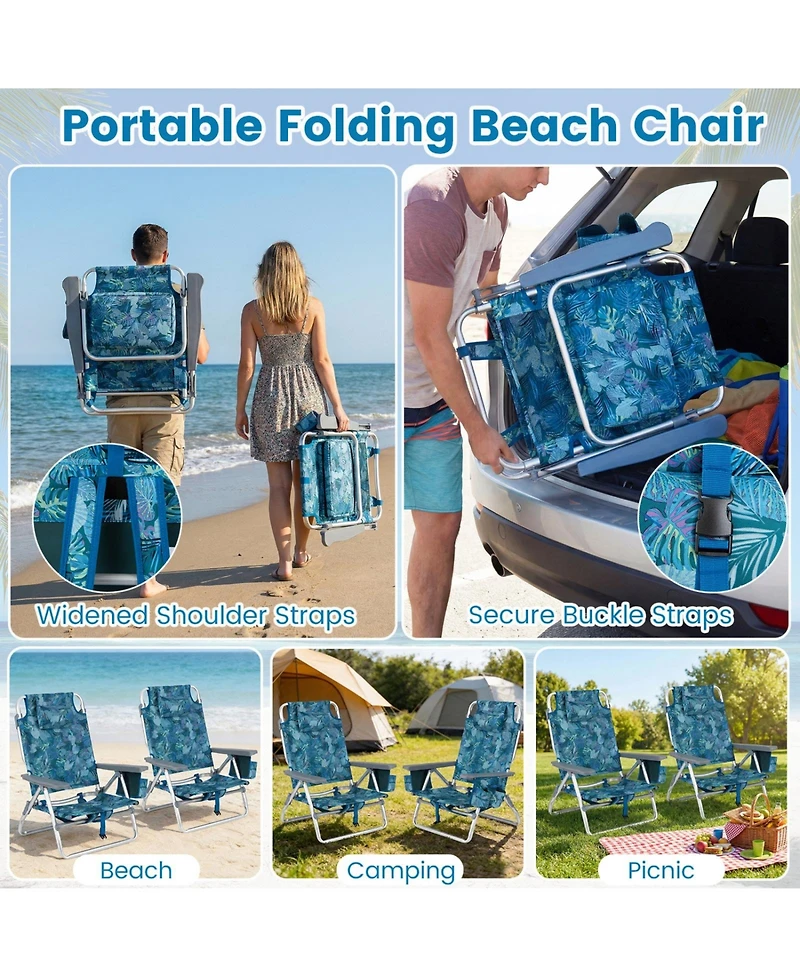 Sugift Set of 2 Portable Folding Beach Backpack Chairs with 5-Position Reclining Backrest