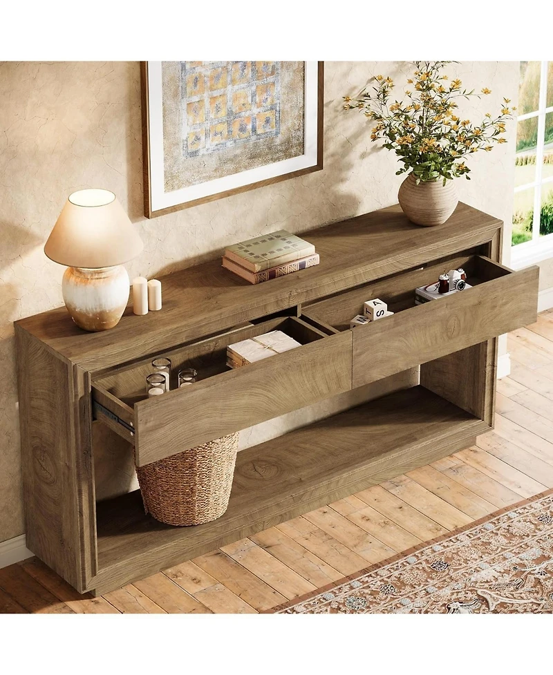 Tribesigns 63" Console Table with 2 Drawers, Farmhouse Entryway Table with Open Storage Shelf, Wooden Sofa Console Behind the Couch