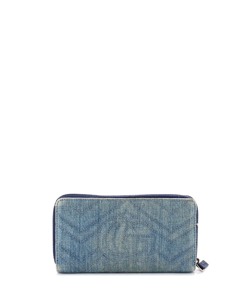 Pre-Owned Gucci Gg Marmont Zip Around Wallet Embroidered Matelasse Denim