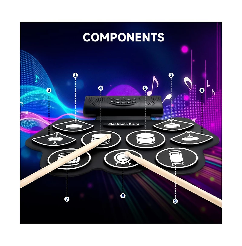 Artudatech Portable 9-Pad Electronic Drum Set with Built-in Speaker, 128 Rhythms and 1000mAh Battery
