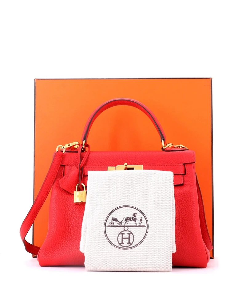 Pre-Owned HERMES Kelly 28 Handbag Red Clemence with Gold Hardware