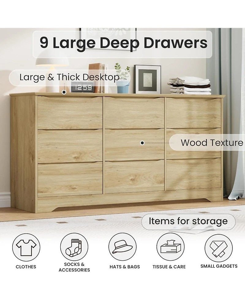 gaomon Wooden Dresser with 9 Drawers, Tall Modern Closet with Deep Storage, Large Chest of Drawers with Wide Top, Long Storage Dresser for Bedroom