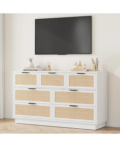 gaomon Farmhouse Rattan Tv Stand for Living Room, Entertainment Center with 7 Storage Drawer and Metal Handle