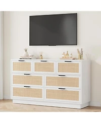 gaomon Farmhouse Rattan Tv Stand for Living Room, Entertainment Center with 7 Storage Drawer and Metal Handle