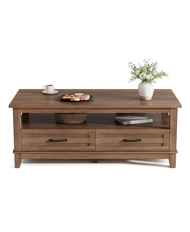 homfan Farmhouse Coffee Table with Drawers, 47.2" Center Table with Open Shelf, 6 Support Legs
