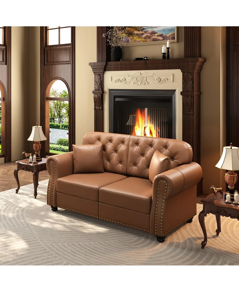 Maison Boucle 63'' Faux Leather Loveseat, Nailhead Tufted Chesterfield, Wood Frame