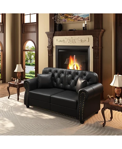 Maison Boucle 63'' Faux Leather Loveseat, Nailhead Tufted Chesterfield, Wood Frame