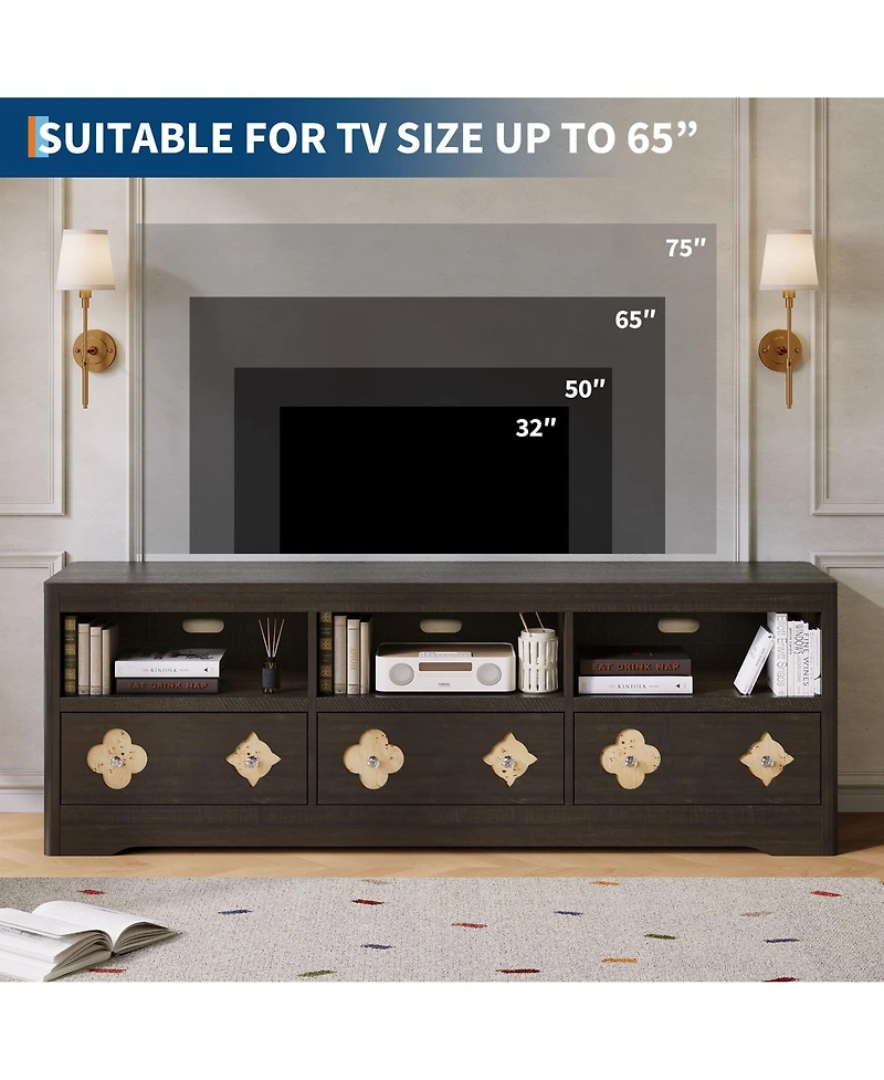 homfan Farmhouse 70" TV Stand for Tvs Up to 85" – Mid Century Entertainment Center with Carved Drawer and Open Shelves, Console Living Room