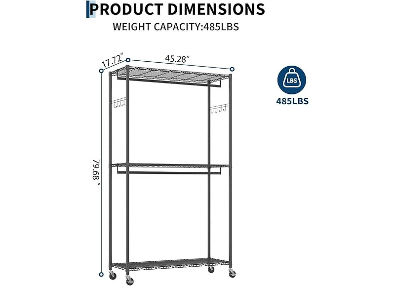 homfan Clothes Rack with Cover, 485LBS Capacity, Portable Closet Wardrobe on Wheels, Carbon Steel, Dustproof, Clothes Racks for Hanging