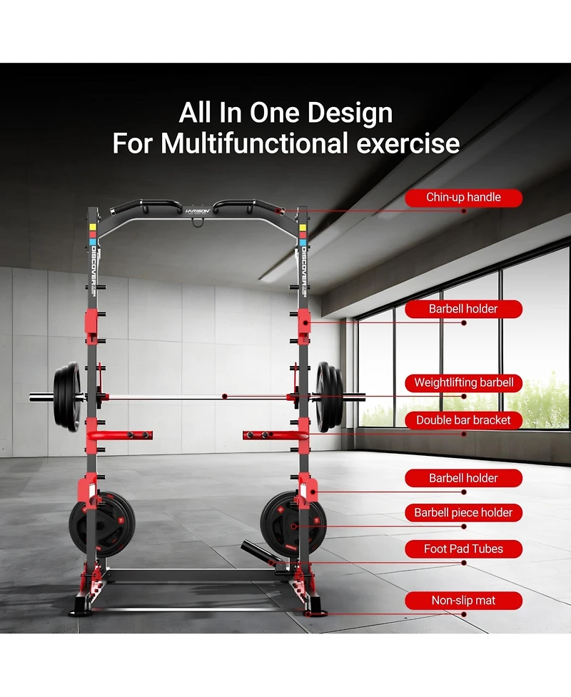 Harison Multifunction Squat Rack Power Cage, Adjustable All-in-One Home Gym Strength Training System Hrm-30814)