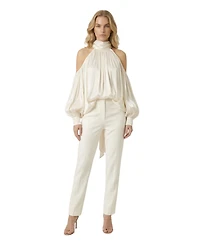 Modenaire Women's High-Neck Cold-Shoulder Draped Blouse