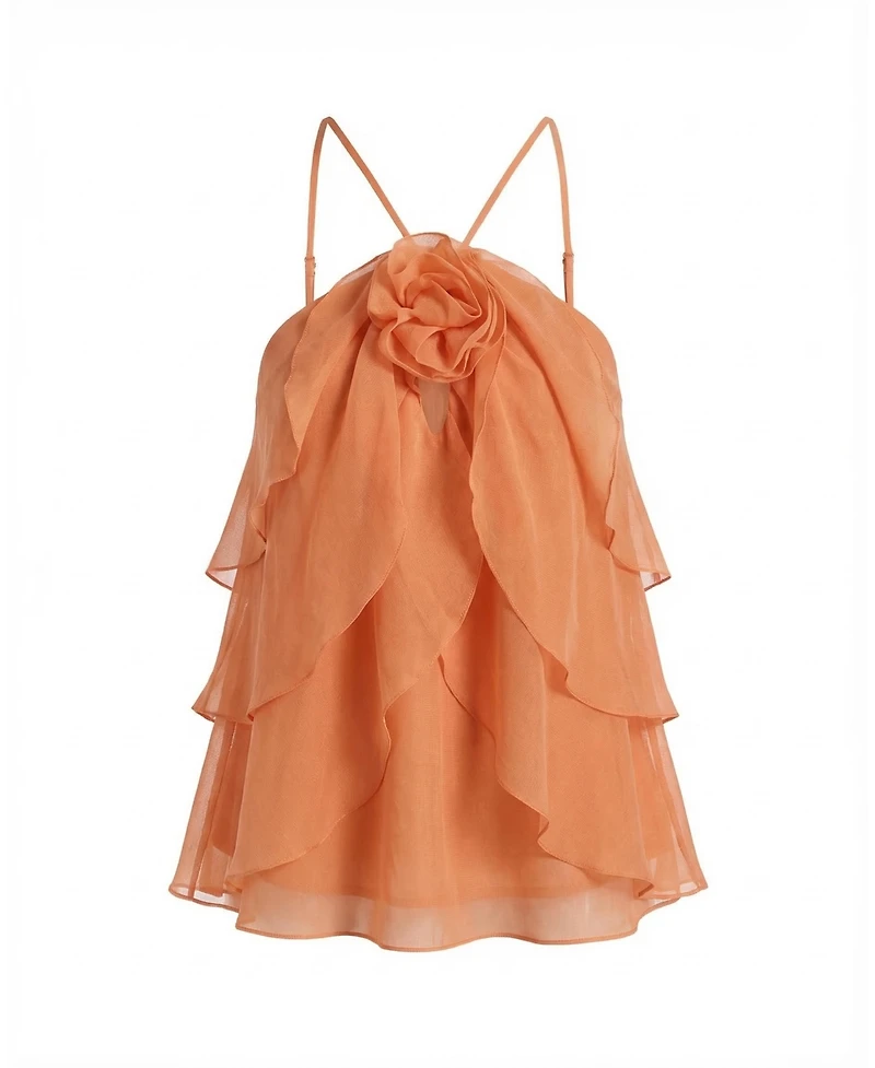 Modenaire Women's Halter Ruffle Chiffon Floral Applique Top