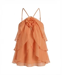 Modenaire Women's Halter Ruffle Chiffon Floral Applique Top