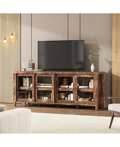gaomon Sliding Glass Tv Stand for TVs, Mid-Century Entertainment Center with Storage Cabinet