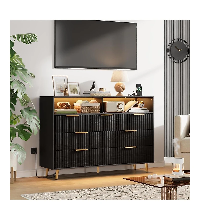 gaomon 6 Drawers Dresser for Bedroom, 47.2" Wide Dressers with Led Lights and Charging Station, Curved Profile Design, Fluted Wood Handle