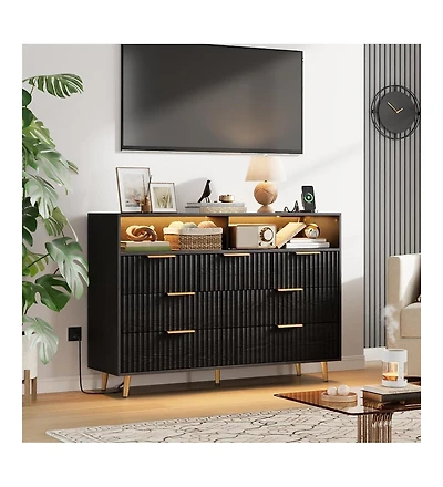 gaomon 6 Drawers Dresser for Bedroom, 47.2" Wide Dressers with Led Lights and Charging Station, Curved Profile Design, Fluted Wood Handle