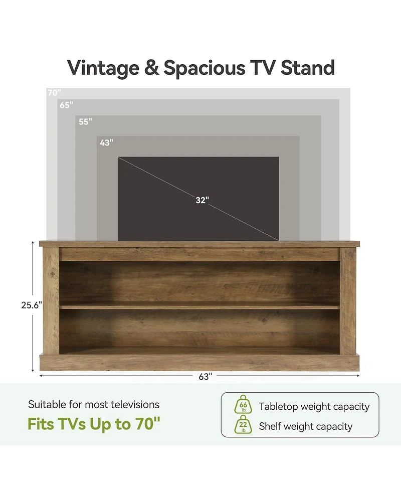 Tribesigns 63" Tv Stand for TVs up to 70", Rustic Television Stand with 2 Open Shelves, Wooden Entertainment Center