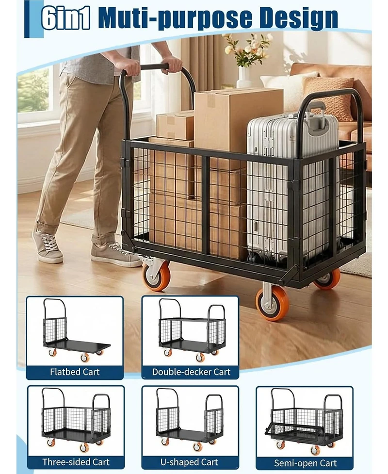 gaomon Platform Truck Cart with Cage 6-in-1 Foldable Hand Truck Heavy-Duty Dolly with 4 Wheels for Grocery Laundry and Warehouse